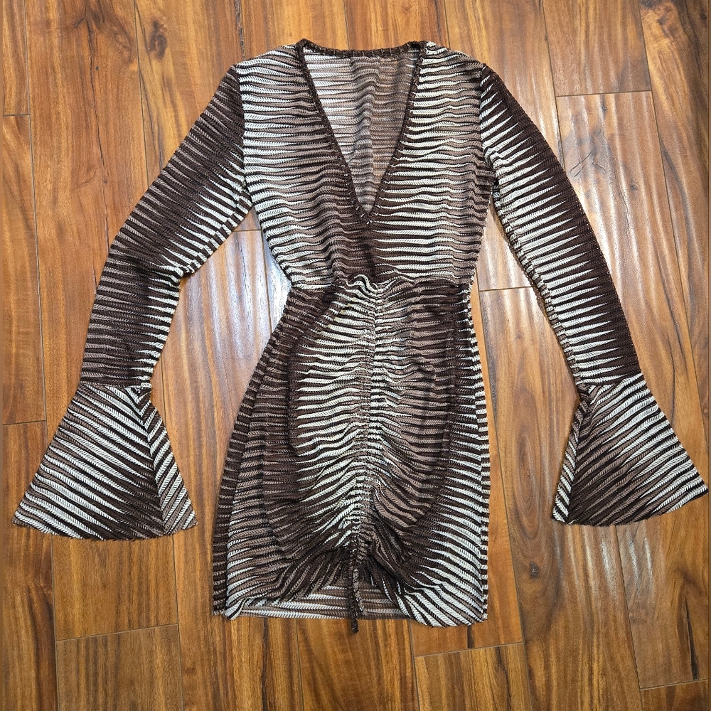 Brown And White Striped Bodycon Bell Sleeve Dress